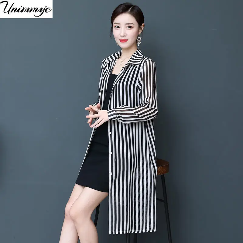 

Women Long Sleeve Shirts Stripe Print Medium-Long Sunscreen Clothing Chiffon Loose Cardigan Shawl Tops Shirt J348