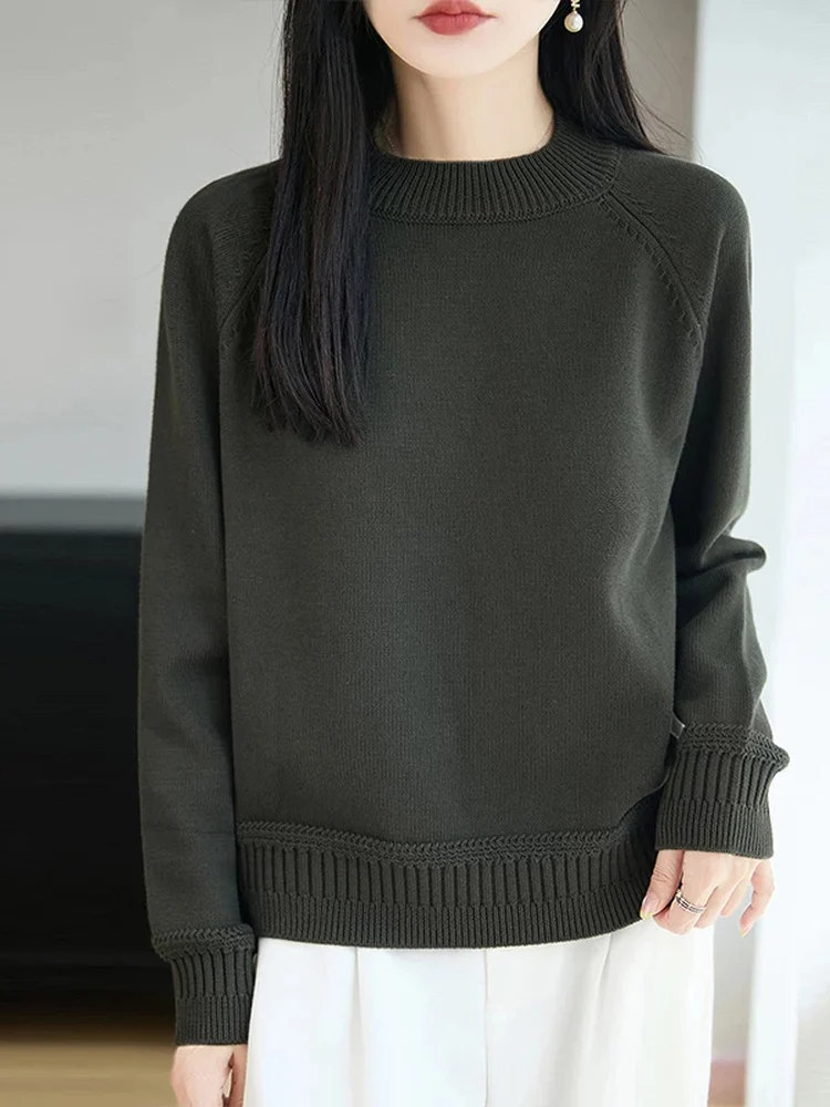 Pure Cotton Knitted Sweater round Neck Casual Women's Base Layer Shirt Warm Comfortable Loose Fit Long Sleeve Knitwear