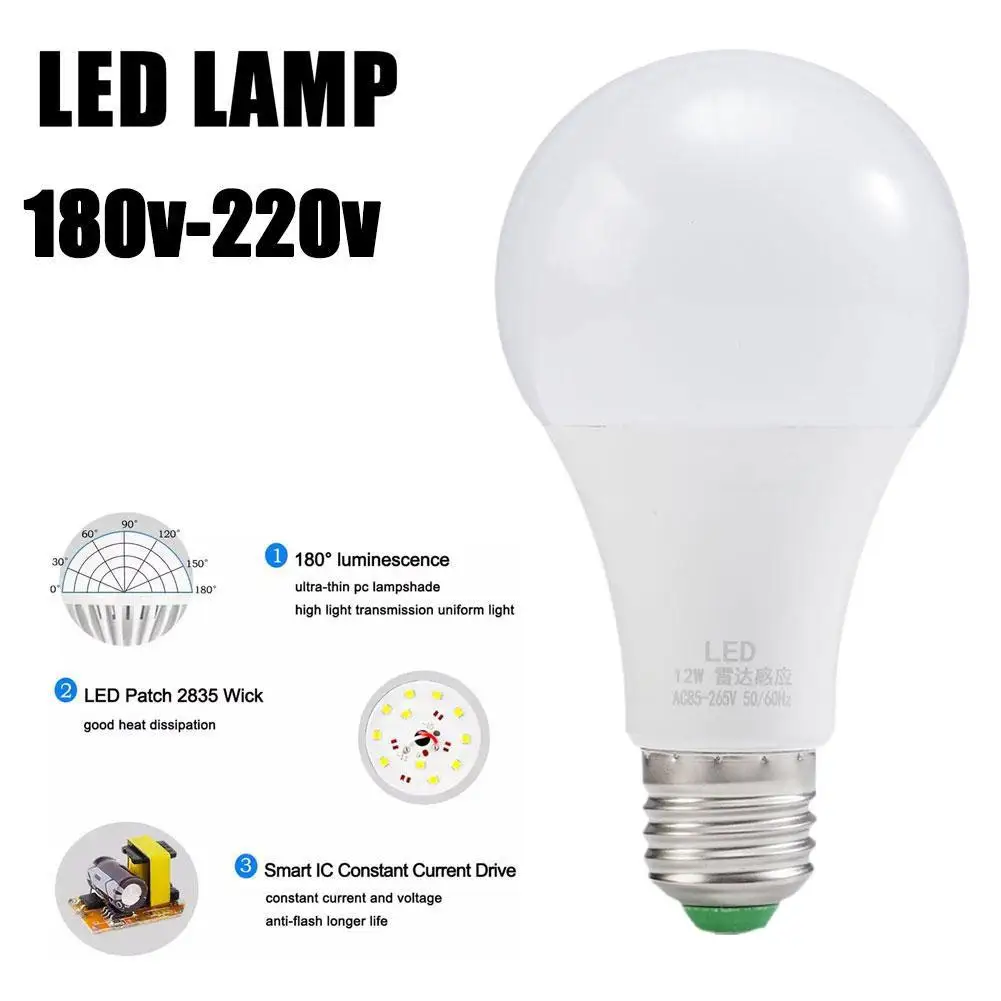 E27 7W/12W lampadina Radar lampada a pera con energia di movimento che funziona al buio E27 lampada da notte Smart LED Saving A8K6