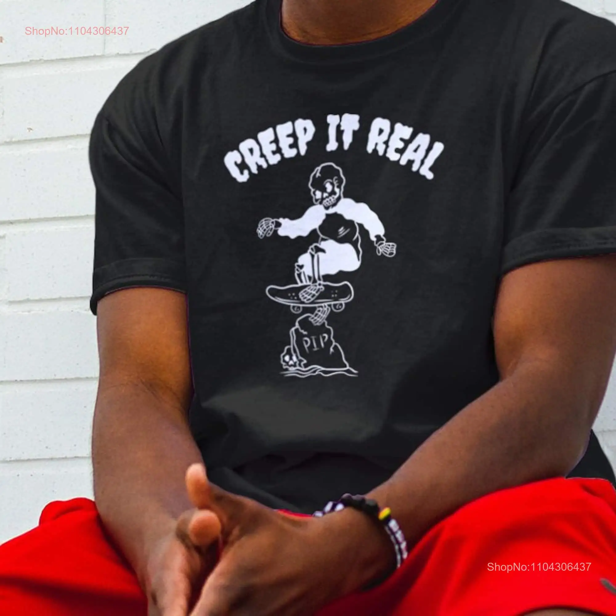 Creep It Real Skater Gothic T Shirt Skate Goth Skeleton Top Halloween Funny Horror Emo Punk Rock Heavyweight Crewneck