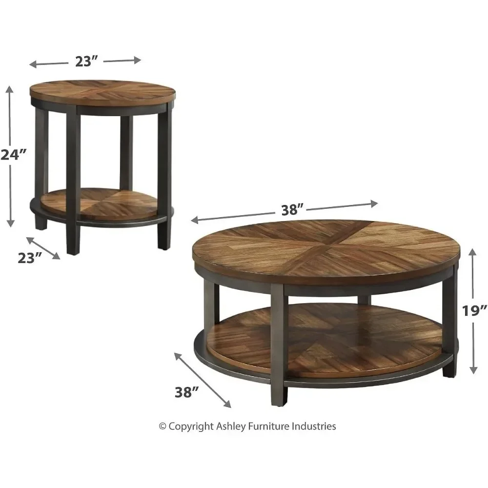 Roybeck rustikales rundes 3-teiliges Tischset mit 1 Couch tisch und 2 Beistell tischen mit festem Regal, hellbraun