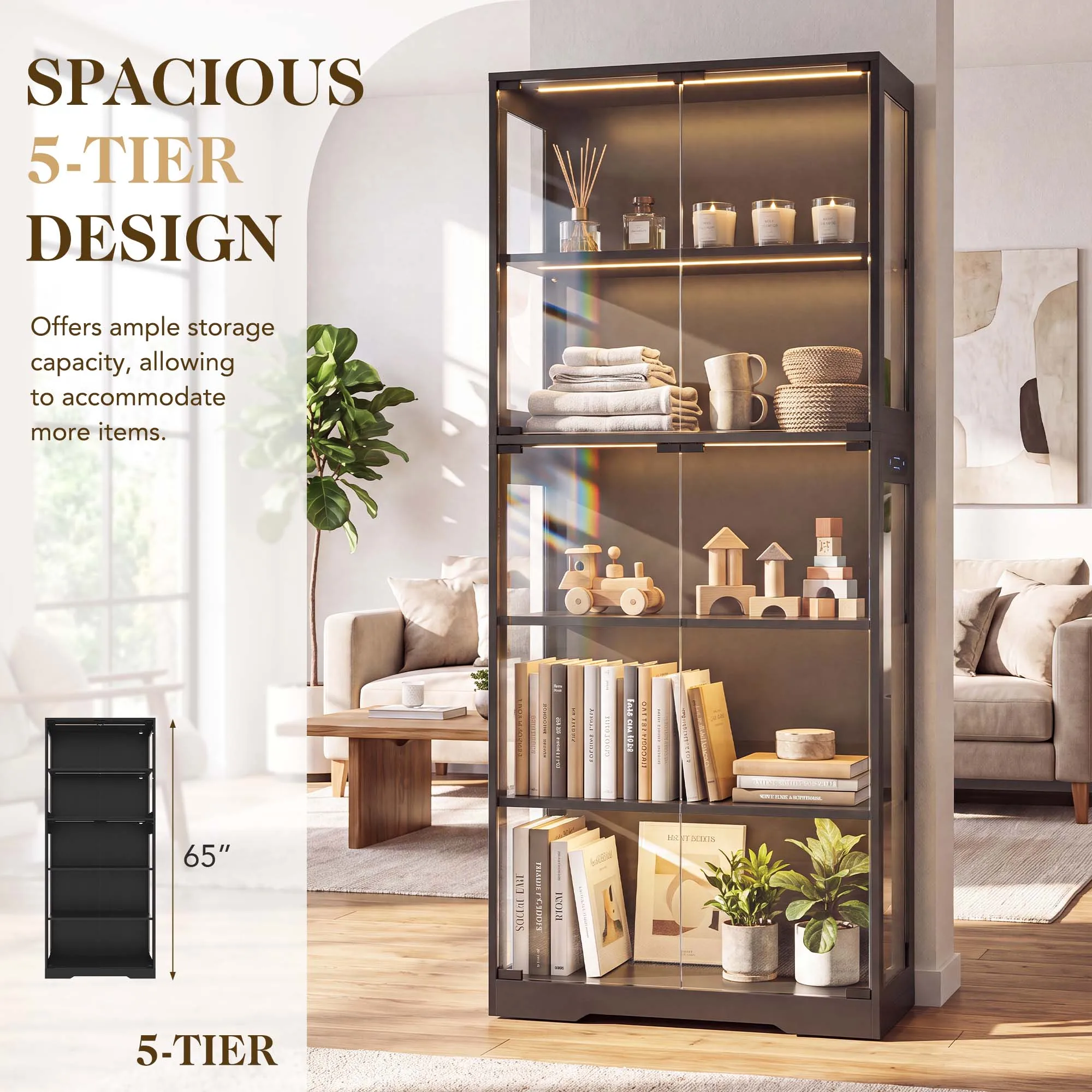 TCGBKAF 5‑Tier Display Cabinet with Glass Doors Motion Sensor Dimmable LED Lights Wooden Frame Display Storage Cabinet for Collectible Figures Living Room Bedroom Office Home Furniture view 6
