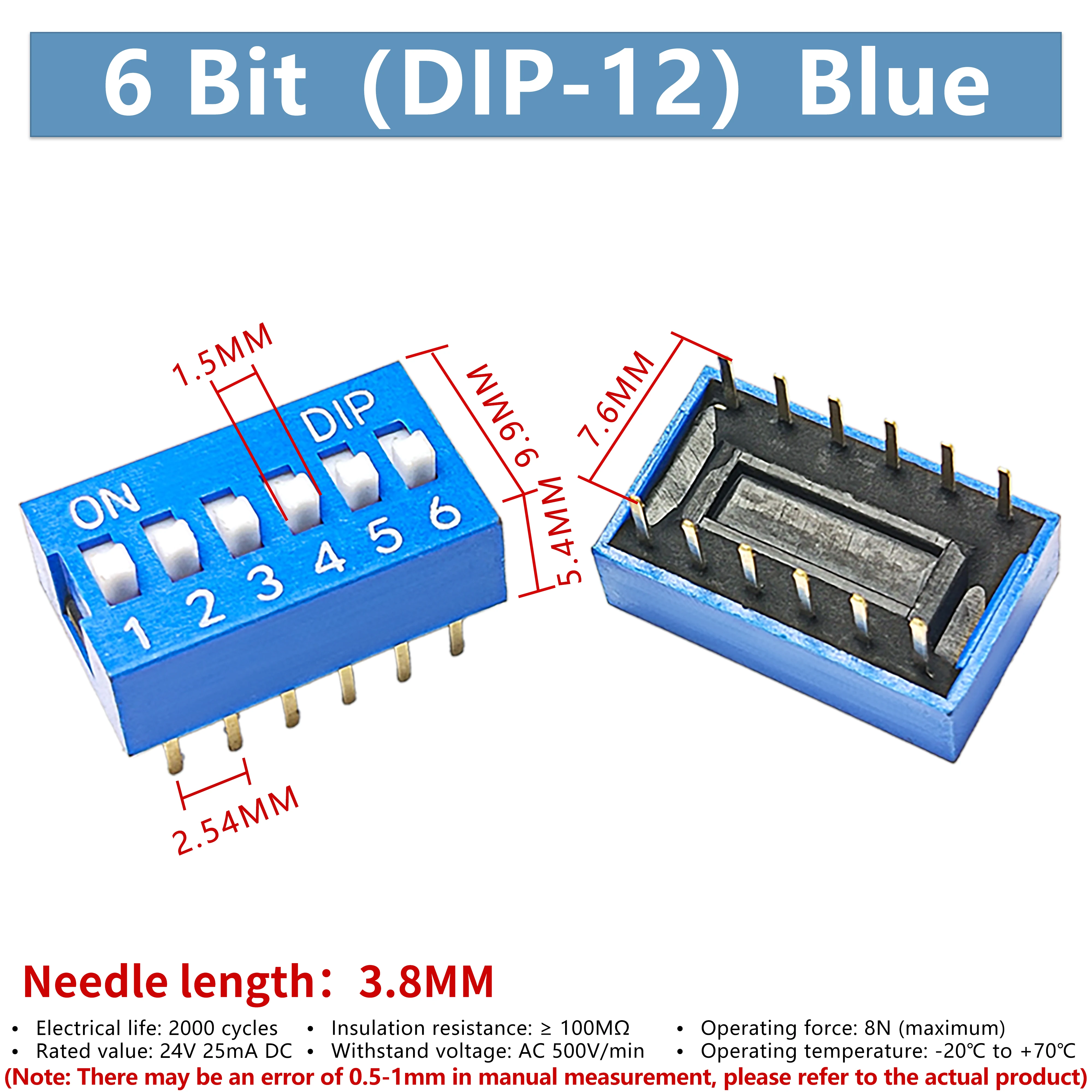 DSWB06LHGETB 2.54mm spacing 6-position direct insertion DIP/flat toggle switch blue 10