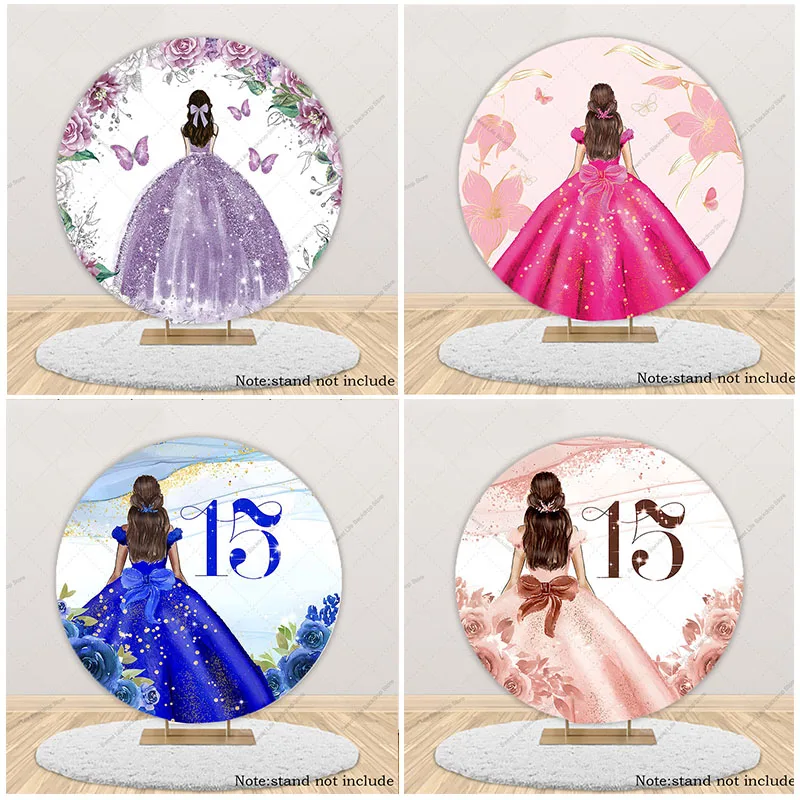 

Круглый фон для девочек на 15-й 16-й день рождения, платье принцессы с цветком Quinceanera, декор в виде бабочки, круглый вечерние фотофон