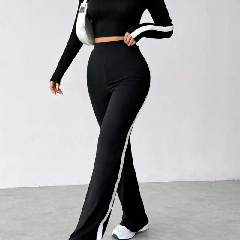 

Женский костюм в простом стиле с круглым вырезом, модный осенне-зимний повседневный костюм с длинным рукавом в полоску с принтом, спортивная уличная одежда, комплект из двух предметов