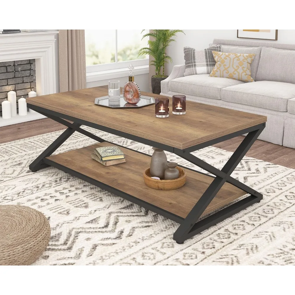 Rustic Wood Coffee Table, Modern Farmhouse Living Room Table, Minimalist Center Table with Storage & Display Shelf, 2 Tier Simp