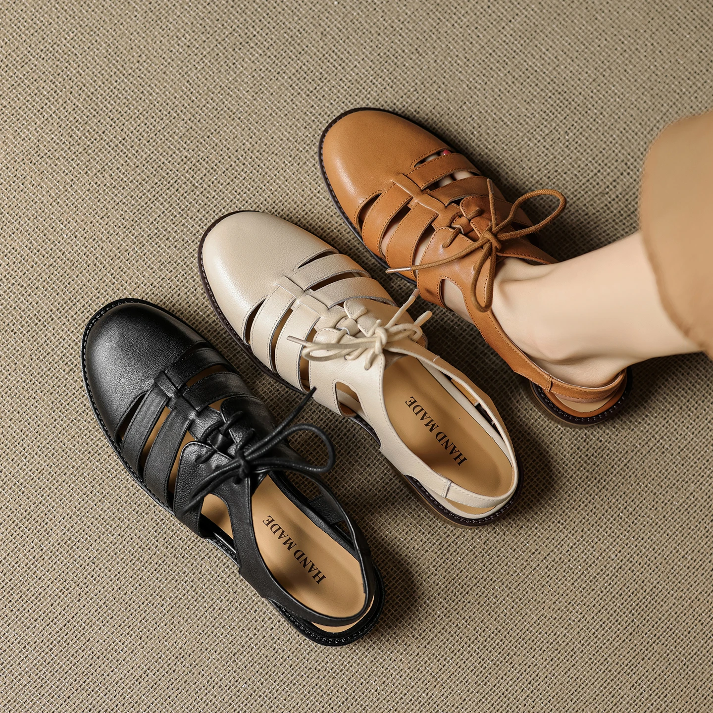

Fashion Women Gladiator Sandals Summer Hollow Out Flats Concise Pumps Genuine Leather Round Toe Shoes Office Dress Size 34-40