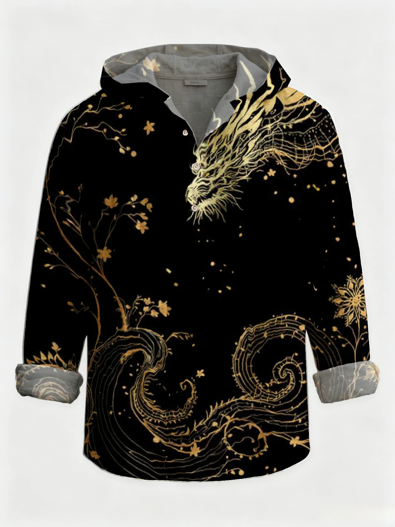 Men Golden Tiger Dragon Graphic Hooded Henley Shirt Long Sleeve Loose Casual Shirts