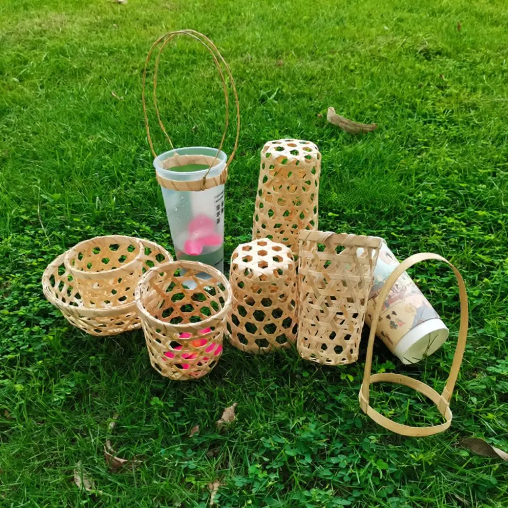 Handmade Bamboo Woven Cup Sleeve Natural Drink Carrier Retro Coffee Holder Eco Friendly Tea Bottle Wrap Beverage Handbag