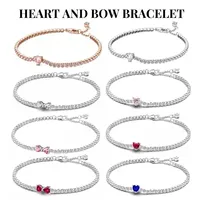 2025 New 925 Silver Pink Heart-shaped Bow Full Diamond Bracelet Original 17-20CM Fit DIY Charm Women Birthday Jewelry Gifts