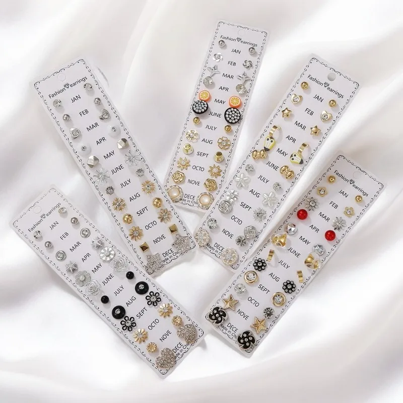 12 Pairs of Flower-encrusted Diamond Combination Card-mounted Earrings and Earrings Set with Various Styles of Alloy Earrings
