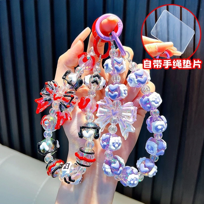 

Luxury Bow Crystal Painted Bead Phone Chain Pendant Keychain Anti-lost Wrist Strap Earphone Case Charm Bag Decor Jewelry Gift