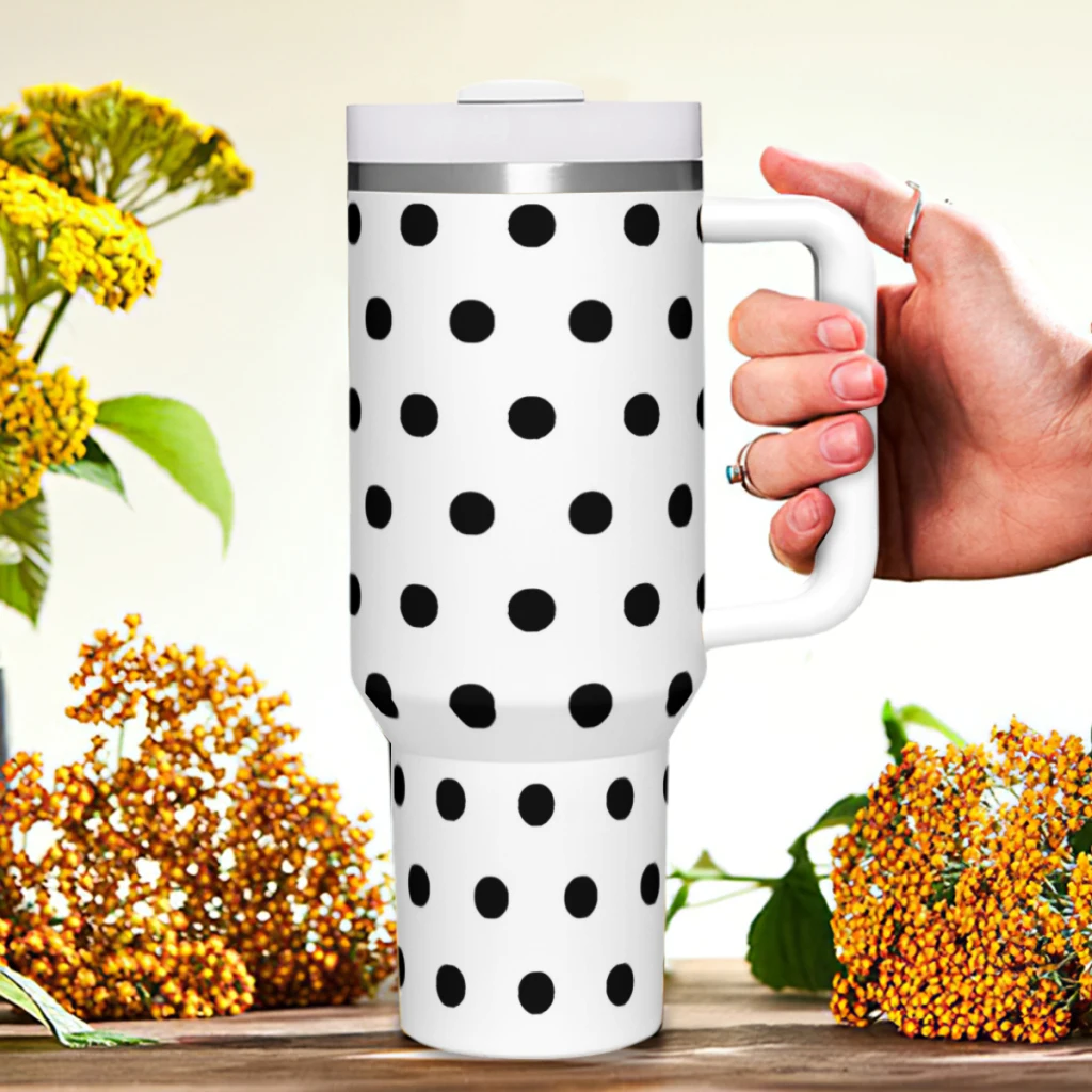 Classic Black White Polka Dot  Special 40 oz Tumbler Handle Straw Lid,Stainless Steel Insulated Tumblers,Travel Coffeec cup