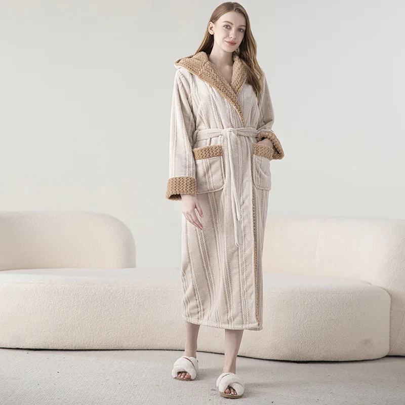 Loose Striped Flannel Nightwear Women Warm Hooded Kimono Nightgown Men Winter Autumn Shower Robes Long Sleepwear Loungewear