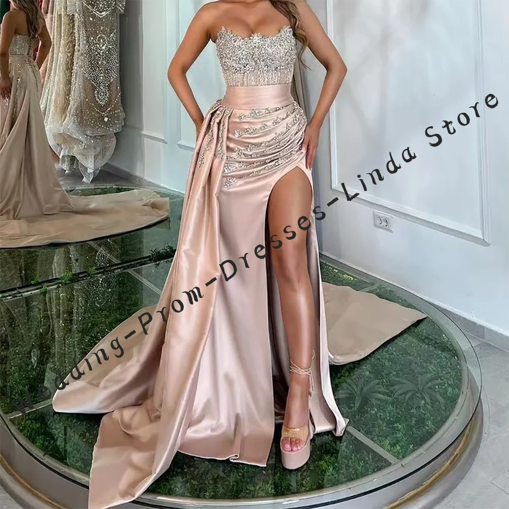 Vestidos de Noche formales de sirena plisados con lentejuelas y cuentas elegantes sin tirantes vestidos de fiesta de cumpleaños personalizados