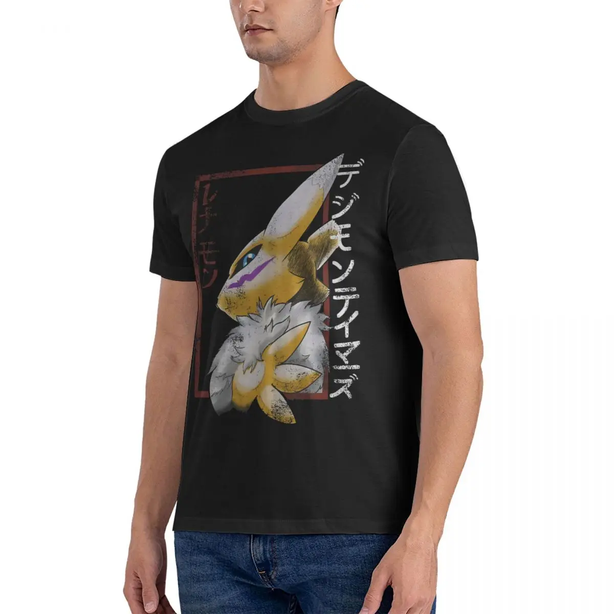 Men Renamon Kanji Grundge T Shirt Digimon 100% Cotton Clothes Funny Short Sleeve O Neck Tees 4XL 5XL T-Shirts