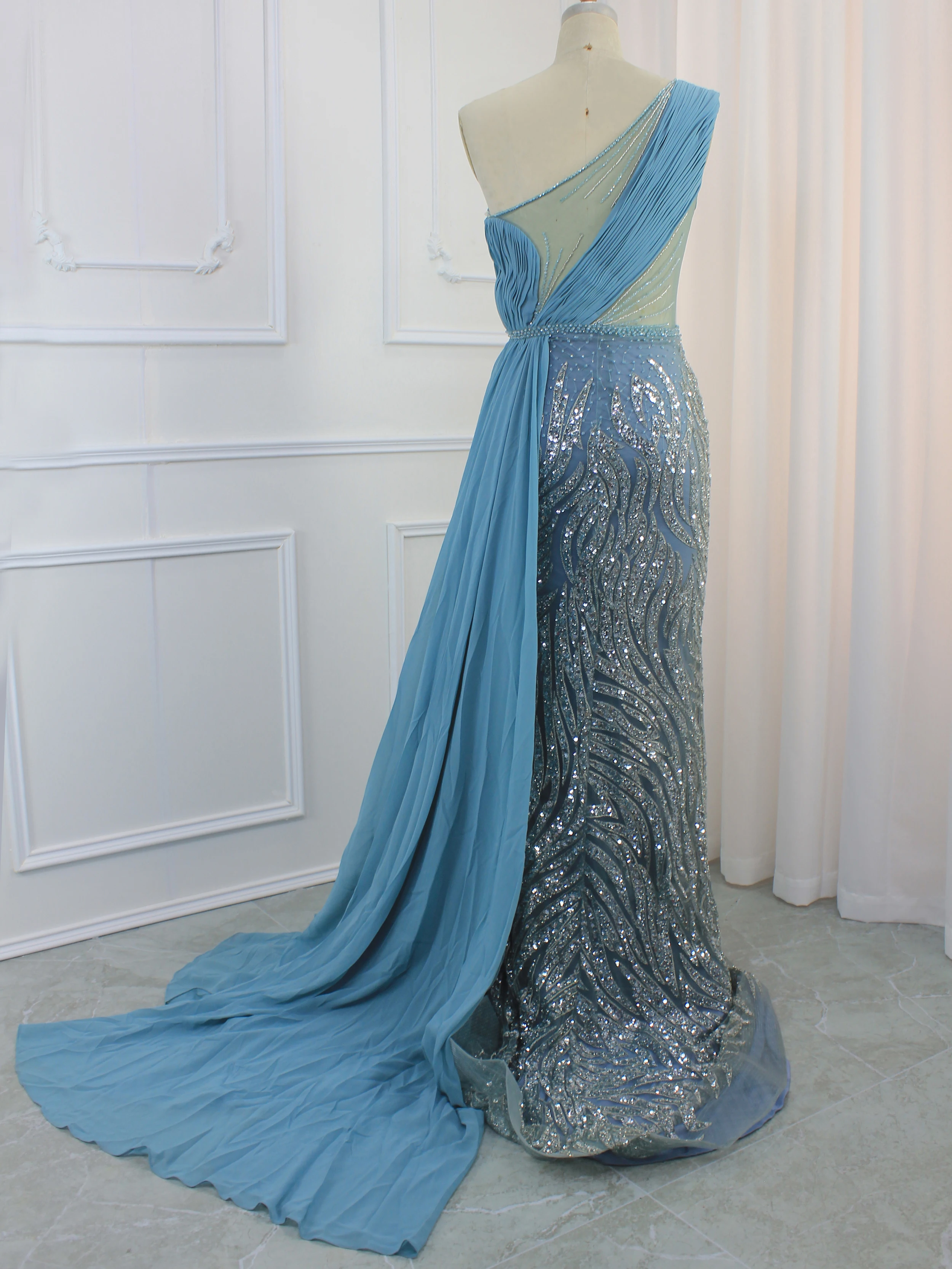 Hot Sale Dubai Turquoise One Shoulder Evening Dresses Luxury Beaded Sleeveless Formal Gowns 2024 For Women Party With Side Skirt