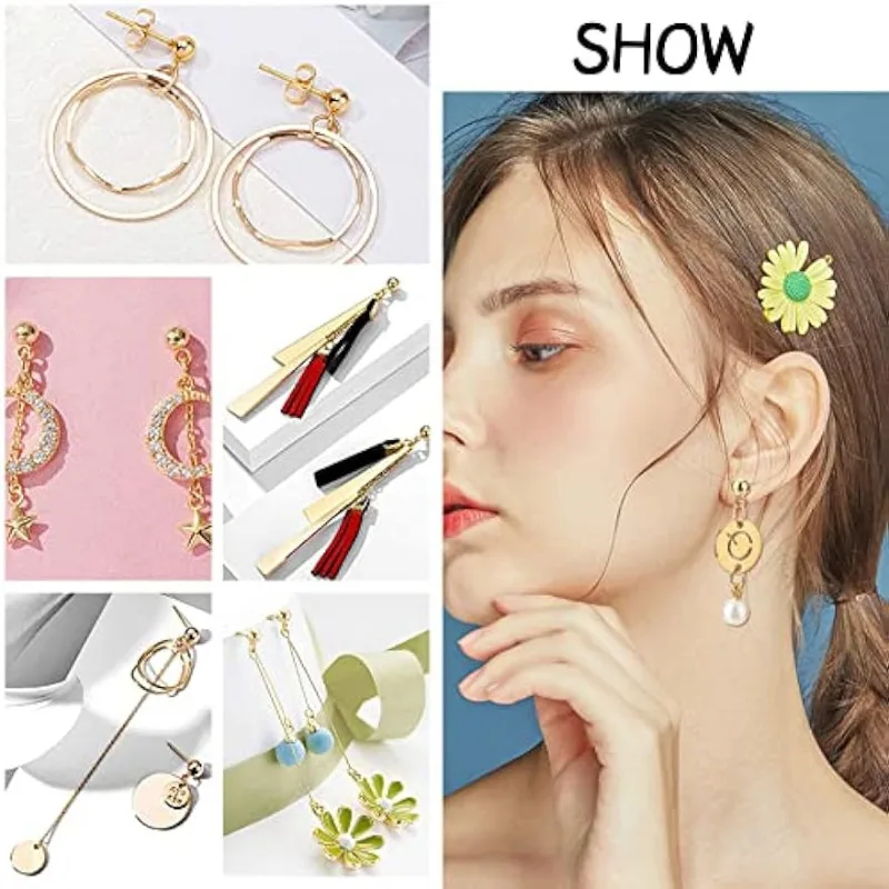 300pcs 18K Gold Ball Post Earring Stud, 100pcs Earring Post with Loop Stainless Steel Earring Components 100pcs