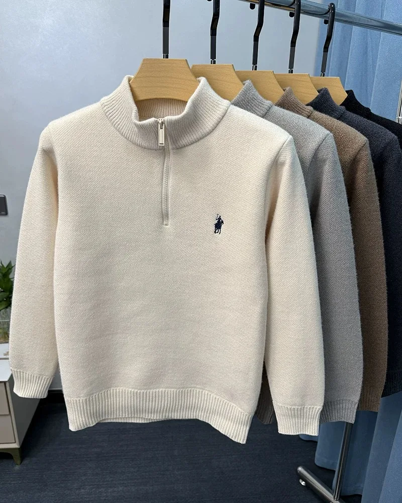 Marque de luxe fermeture éclair col montant pull hommes décontracté à la mode queue de cheval broderie design hiver nouveau peluche chaud tricot pull