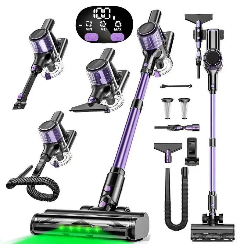 

10-in-1 Cordless Stick Vacuum Cleaner Super Power Suction Lightweight Green LED Anti-tangle Brush for Home Hotel Car Use Bagless