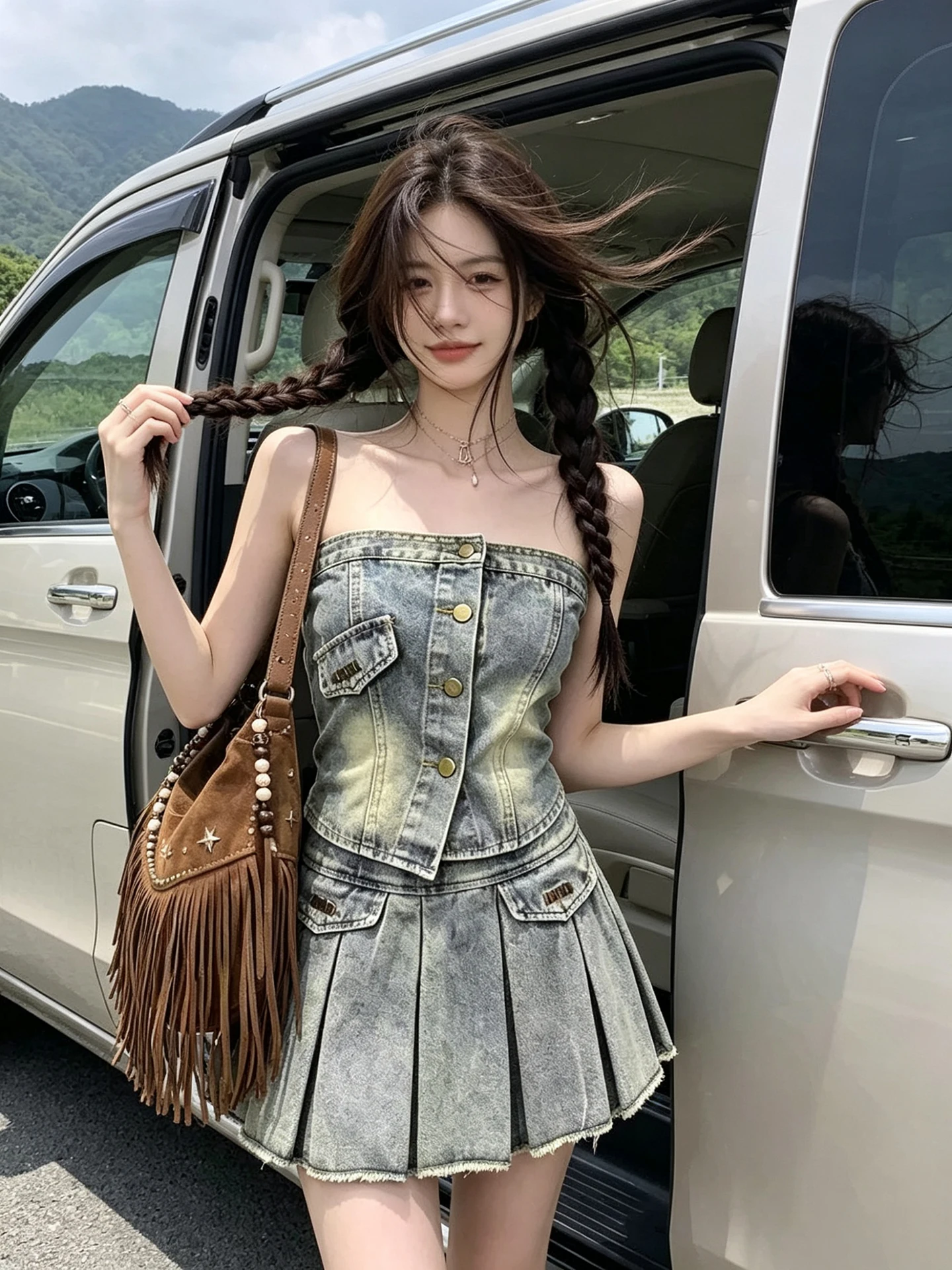 

American Retro Spicy Girl Denim Set Women's High-End Slim Fit Tube Top High Waist Pleated Skirt Two Piece Set
