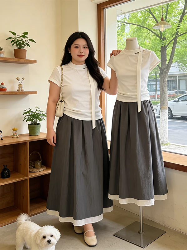 

plus Size Korean Style Women's Summer New round Neck Slim Fit T-Shirt High Waist Midi Skirt Two-Piece Set Fashionable Commute