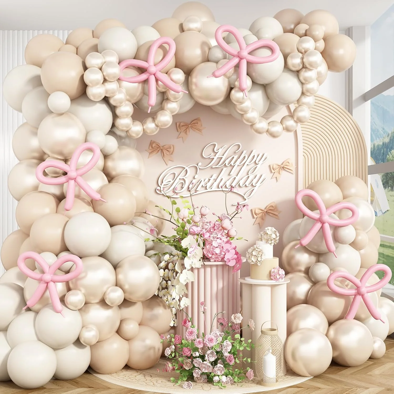 132 Pcs Pearl Sand White Balloon Garland Arch Pink Bow Balloon for Girls Princess Wedding Baby Shower Birthday Party Decoration