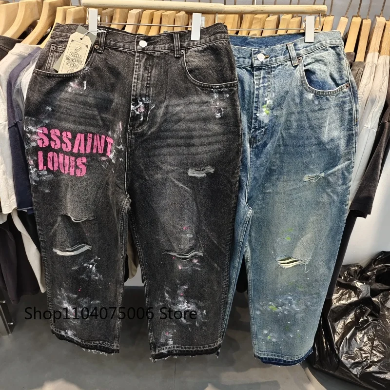 

Saint Distressed Denim Pants Graffiti Art Straight Leg Mid Waist Unisex Casual Jeans