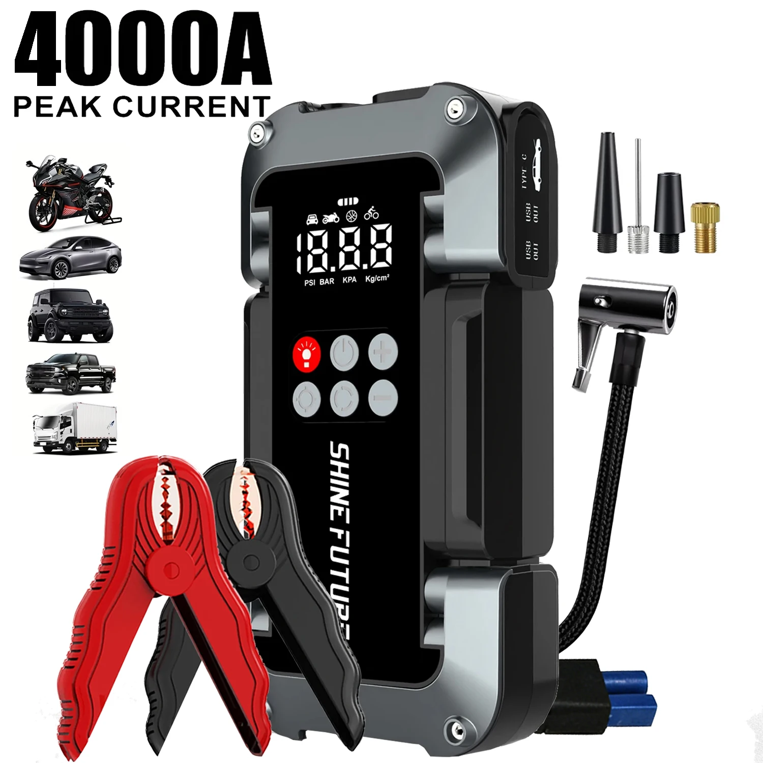 4000A Peak Current 6in 1 Car Jump Starter Kit Battery Booster Jump Starter Power Bank Lithium Battery Car Jump Starter with Tire