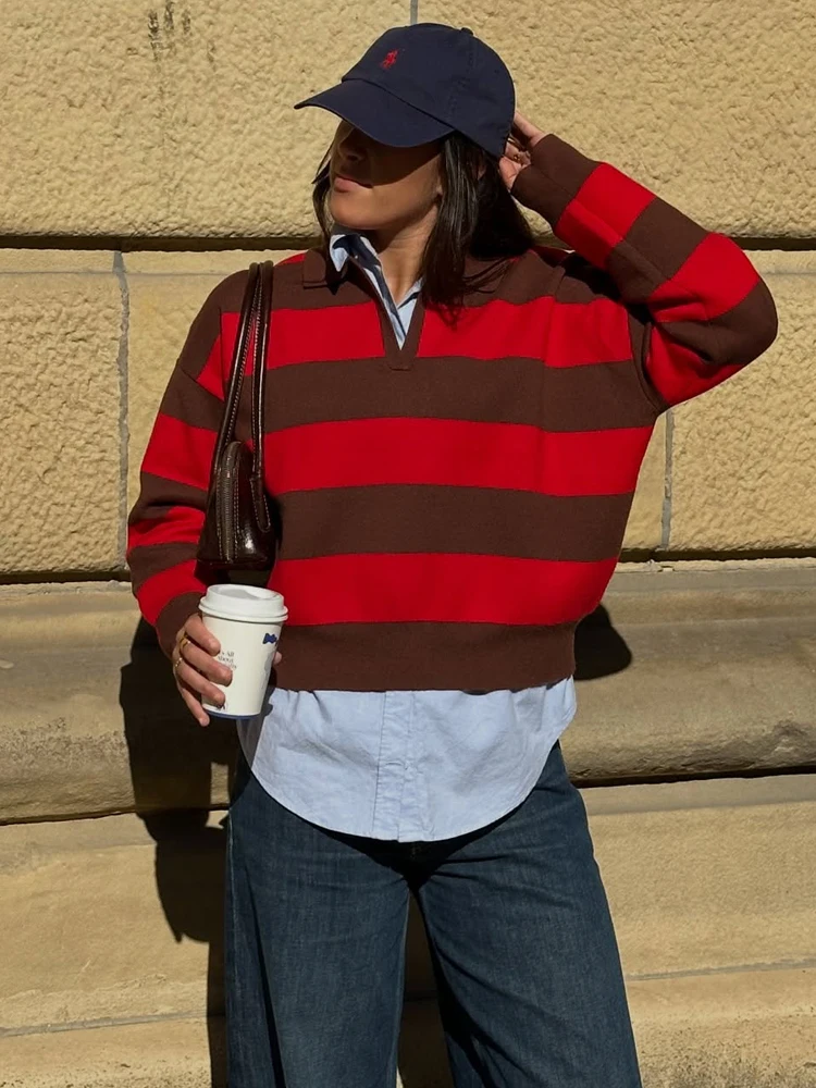 

HH Spring Chic Women Striped Knitted Sweaters 2026 Fashion Long Sleeves Polo Collar Loose Pullover Tops Female Slim Streetwear