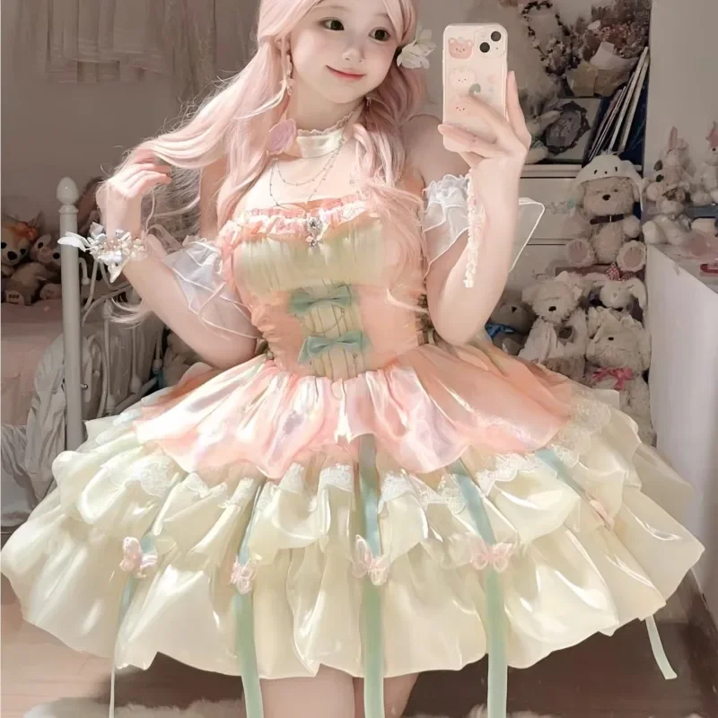 

Women Cute Lolita Dress Japanese Style Harajuku Lace-up Bow Sleeveless Slim Waist Ruffles A-line Kawaii Fairy Mini Vestidos New