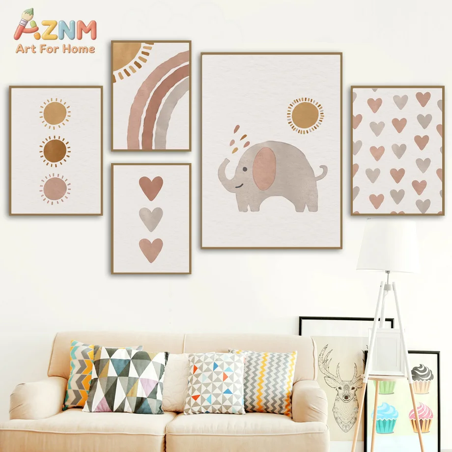 AZNM Boho Neutral Cartoon Elephant Canvas Print Rainbow Sun Heart Pastel Beige Minimalist Wall Poster Unframed Baby Nursery Deco