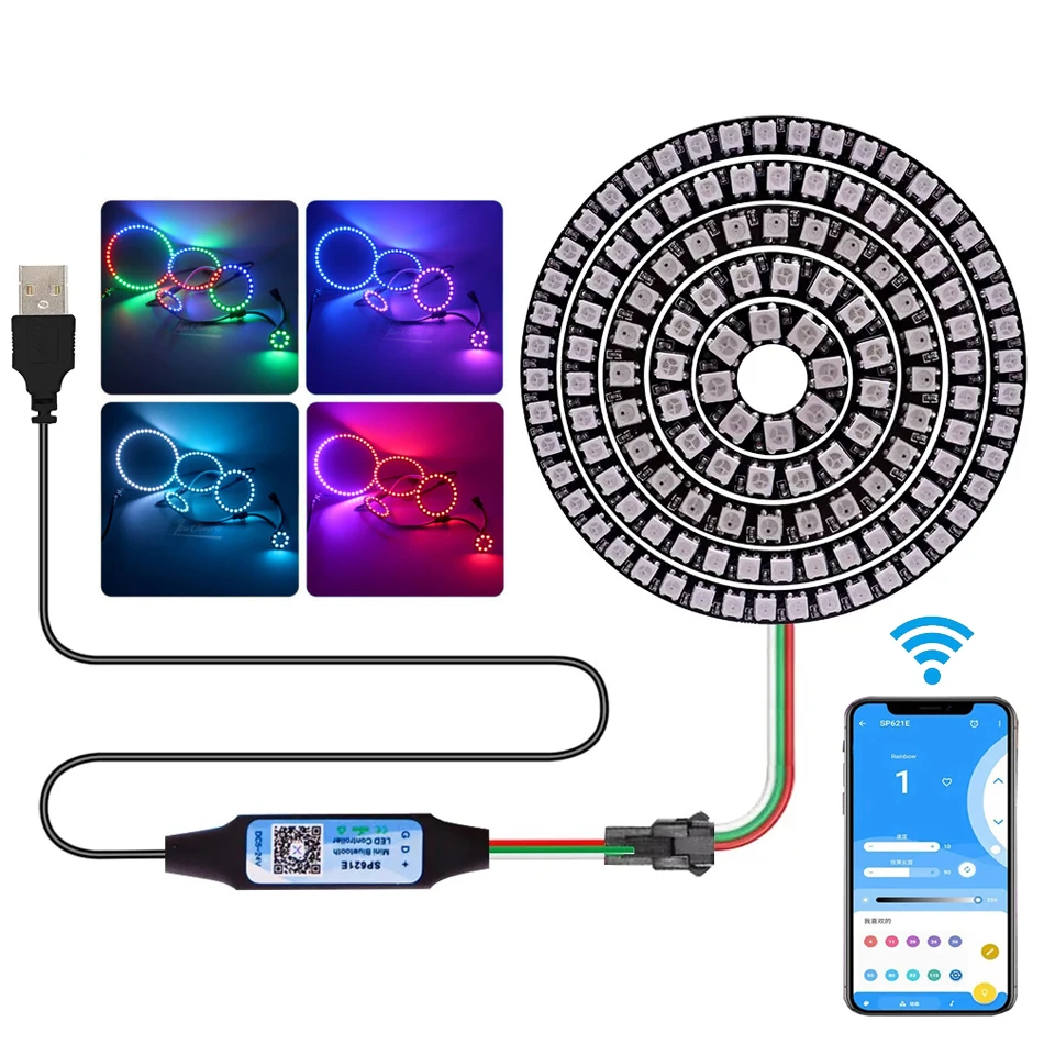 

WS2812B 5050 5V RGB Led Pixel Ring Individul AddressabIe Ring WS2812 IC BuiIt-in Led ModuIe With USB Wire And SP621E Controller