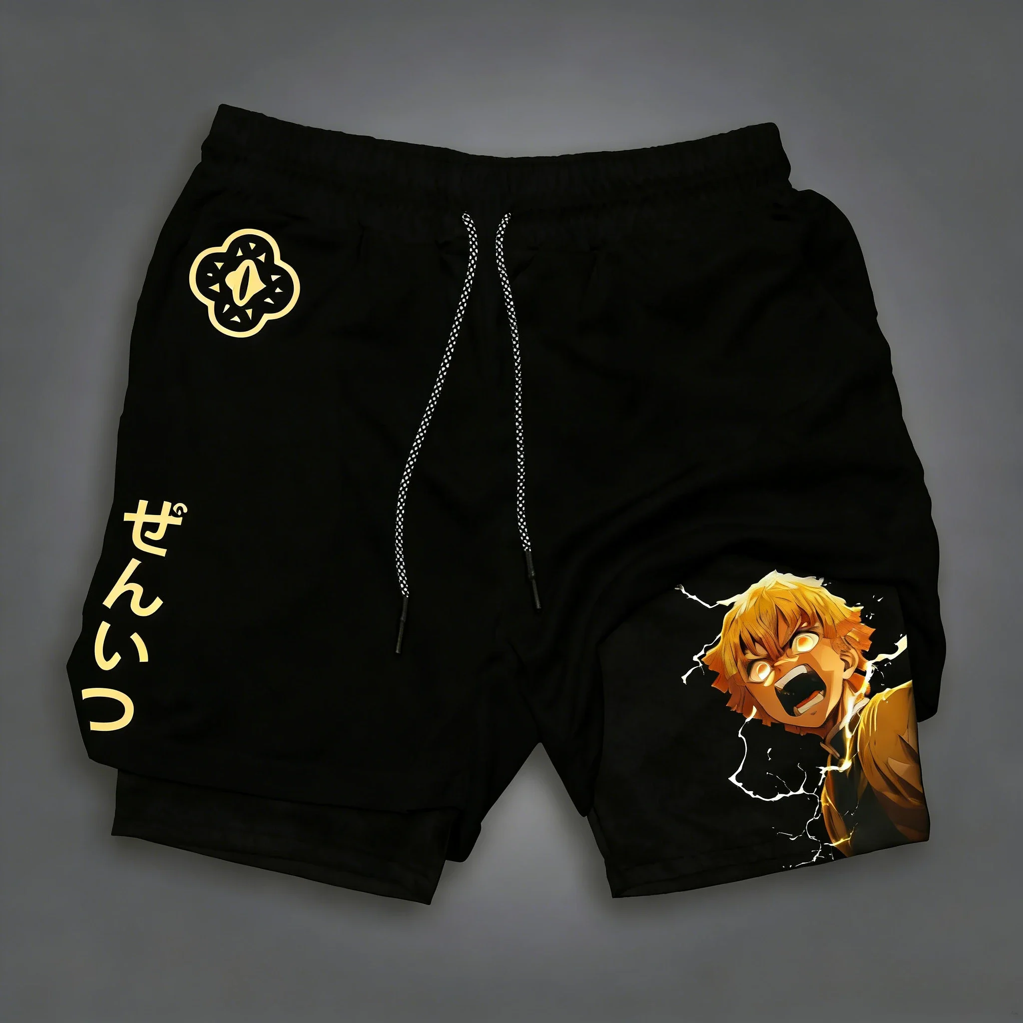 

Demon Slayer Anime Zenitsu Printed Shorts Summer New Men's and Women's Fitness Exercise Speed Drying Elastic 2-in-1 Shorts