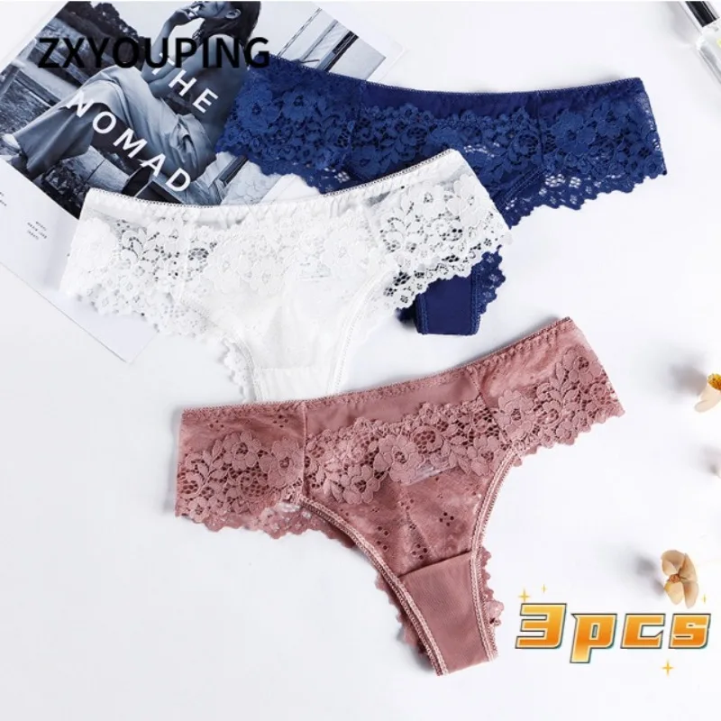 

3pcs Sexy Panty Transparent Hollow Lace Panties Women Thongs Low-rise G-string Underwear Plus Size Seamless Lingerie S-XL