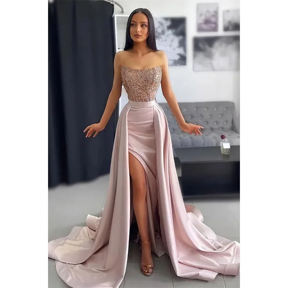 Vestido de noche rosa con tren capilla, apliques sin mangas de satén, elegante, sin tirantes, para eventos especiales, fiesta de graduación, vestido de lujo 2024