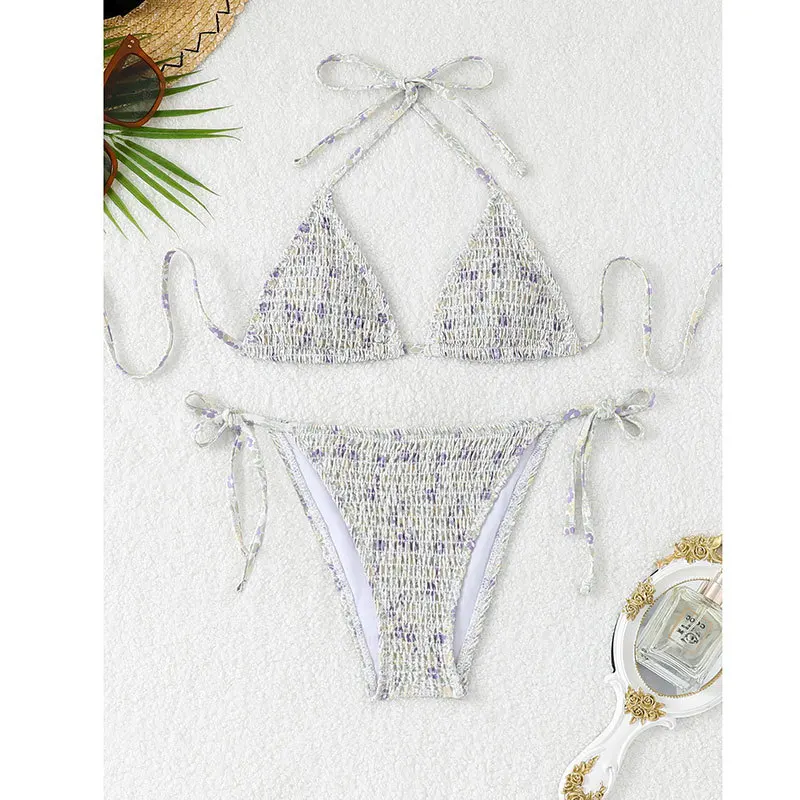 

Sexy Tie Halter Purple Flower Print Wrinkled Bikinis Sets Two Pieces Thong Swimwear Biquini Conjunto De Bikini Tankini Beachwear