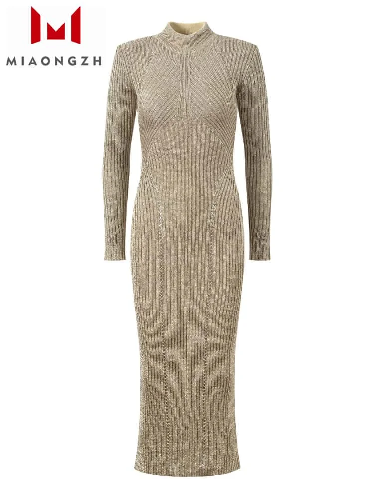 

Golden Long Knitted Dress For Women 2025 Early Spring New High Collar Long Sleeve Elegant Elasticity Slim Female Party Dresses