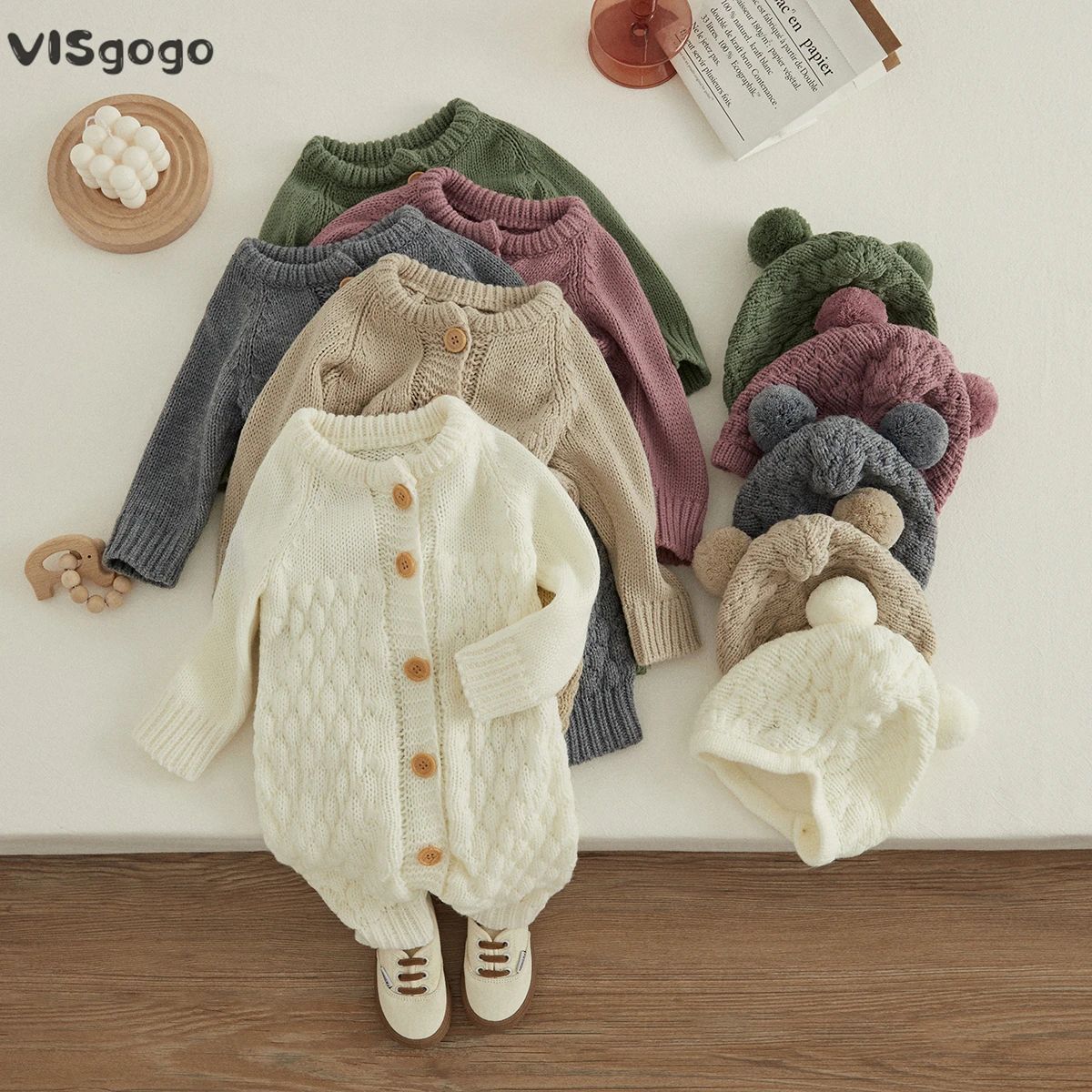 VISgogo Baby 2PCS Winter Jumpsuit Outfits Infant Boys Girls Clothes Long Sleeve Solid Color Knitted Romper + Bear Hat Set