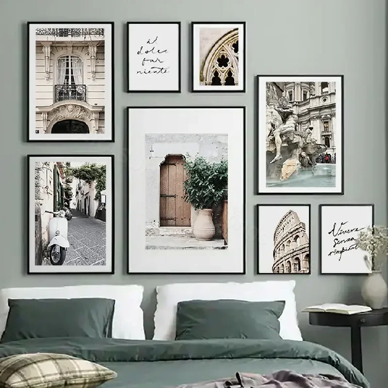 （2D Canvas painting） Italy City Street Trevi Fountain Quotes Wall Art Canvas Painting Nordic Posters And Prints Green Picture