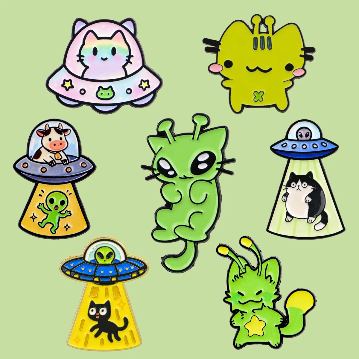 Cartoon-Alien-Katzen-Emaille-Pin, UFO-Kuh-Broschen, Taschen- und Reversnadeln, Abzeichen für Rucksack-Accessoires, dekorativer Schmuck, Geschenk für Freunde