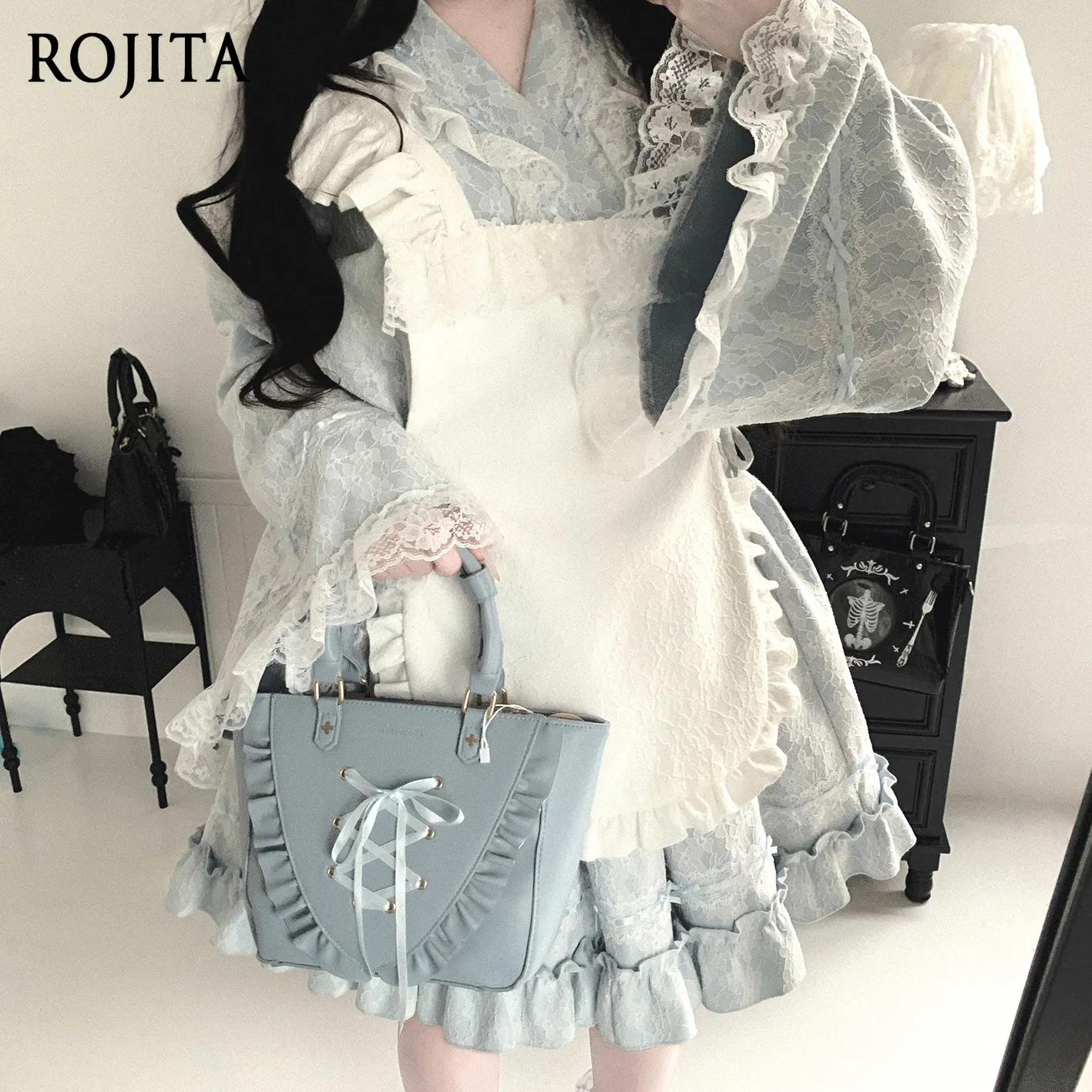 Lace Water Color Treatment Japanese V Neck Flare Lace Sleeve Crop Top Ruffle Mini Skirt White Lace Apron Sold Separately
