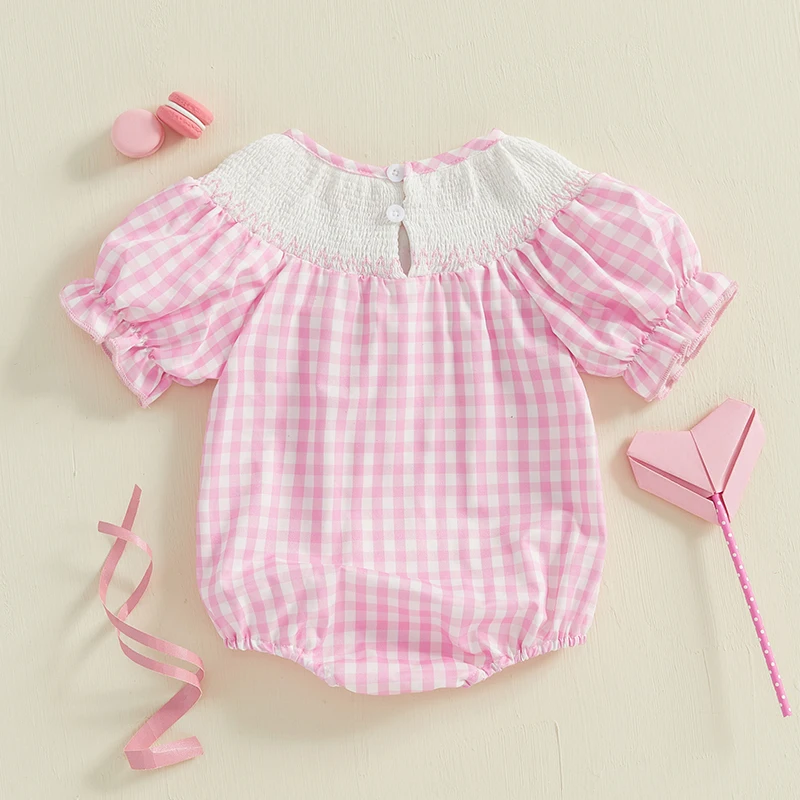 Baby Sister Big Sister Matching Outfits Puff Short Sleeve Letters Embroidery Plaid Smocked Bubble Romper Summer Clothes