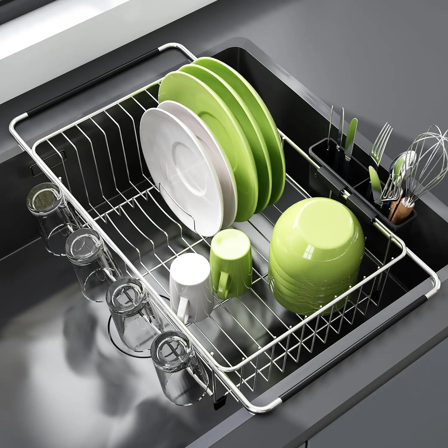 

Expandable Stainless Steel Dish Drying Rack for Kitchen Sink with Utensil Holder, Silver