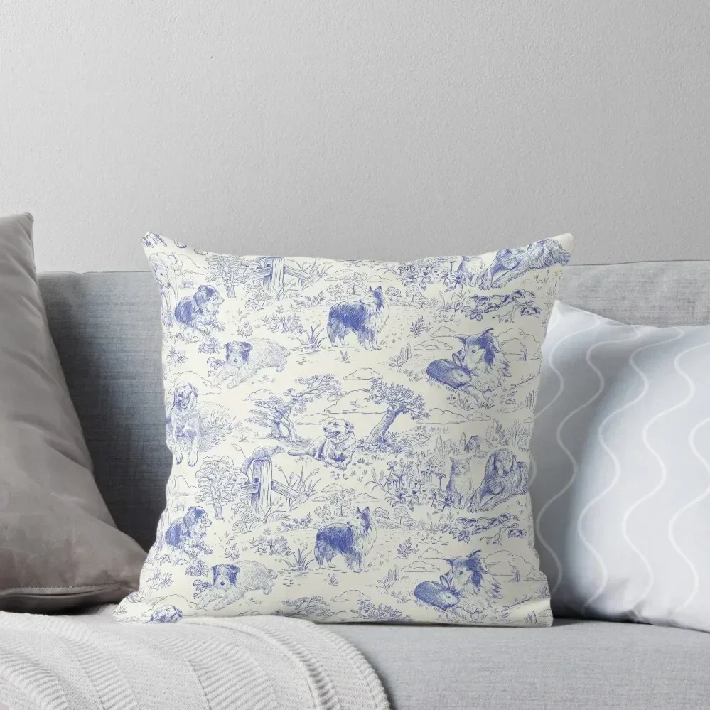 Country Dogs Toile with Collie, Aussie and Jack Russell Terrier in Blue and White Throw Pillow