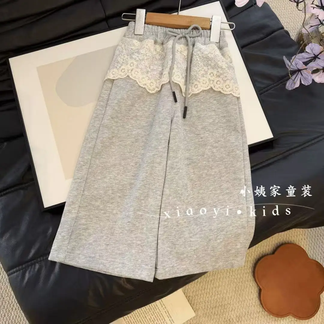 

Girls' Spring and Autumn Set 2026 New Children's Hooded Hoodie Casual Lace Cardigan Coat+Bathroom Pants Two Piece Set