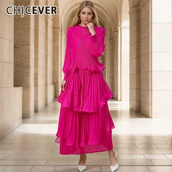 CHICEVER Patchwork Fungus Pleated Long Dress For Women O Neck Lantern Sleeve High Waist Solid Elegant Dresses Female Clothes New