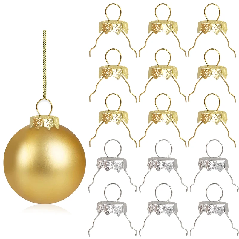 50/100pcs Round Christmas Ornaments Caps Gold Silver Removable Metal Hangers Cap DIY Xmas Balls Hanging Decoration Hats for Home