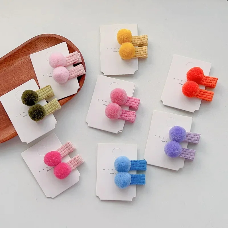 New 2pcs Korean Kawaii Candy Color Pompoms Hair Clips Little Girls Princess Barrettes Headwear Girls Kids Hair Accessories