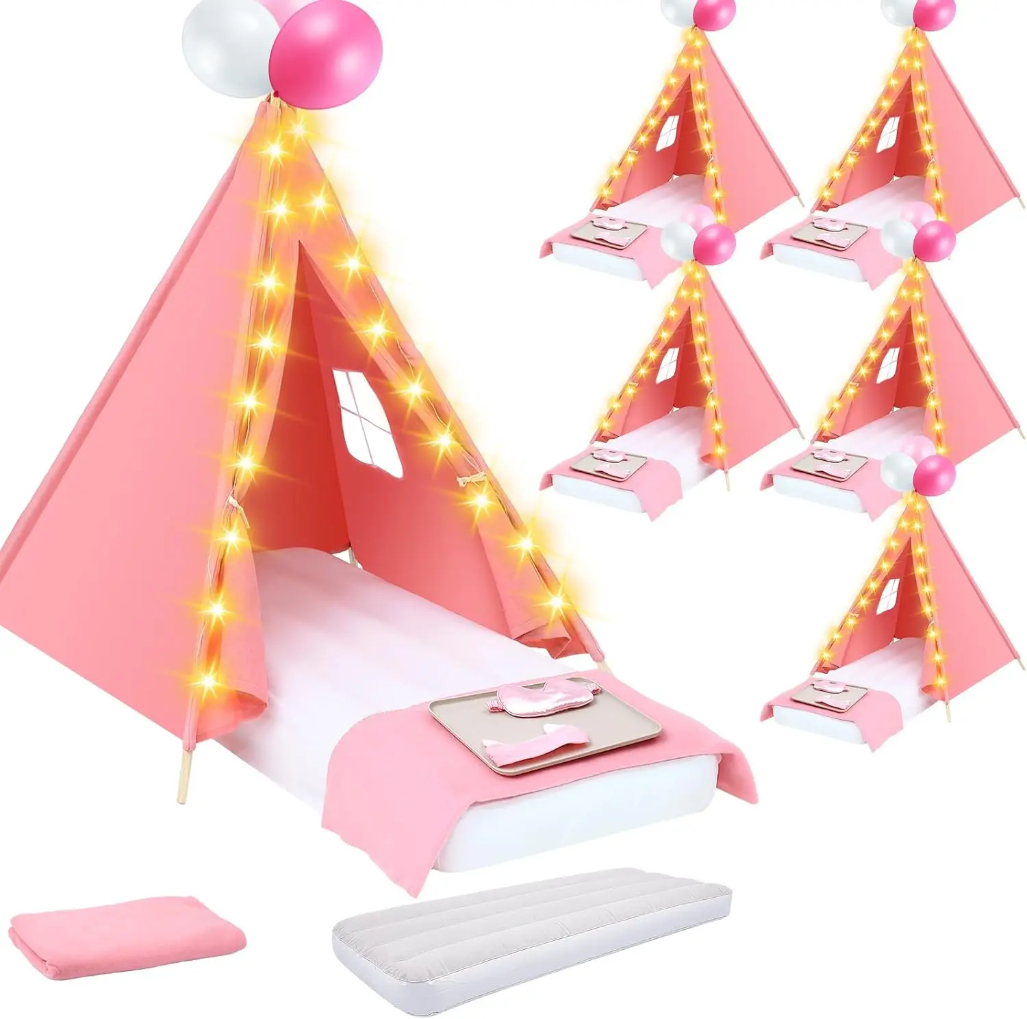 Windyun 6 Pack Kids Teepee Tent for Slumber Party Sleepover Tents for Girls Party with Air Mattress, Star Lights, Blankets Trays